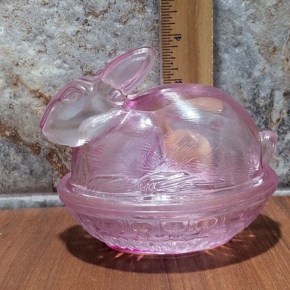 VTG Pink Purple Easter Bunny Rabbit Glass Covered Trinket Oval Candy Dish Transl - Picture 9 of 13